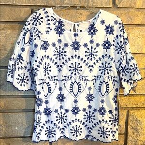 Embroidered White and Blue Women's Top